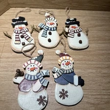 Lot Of 5 Wooden Snowman Tree Ornaments Farmhouse Christmas Primitive Decor