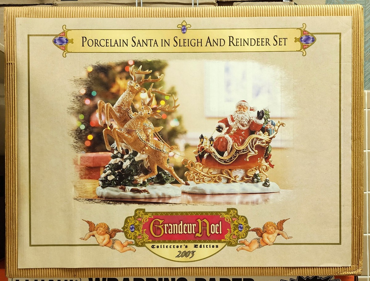 Grandeur Noel Santa in Sleigh and Reindeer Porcelain 2003 Set
