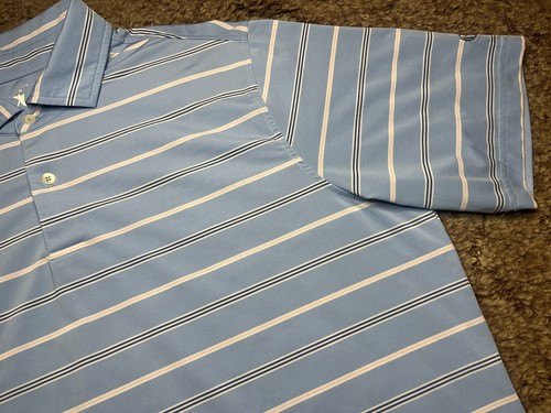 F&G Tech Polo Shirt Mens Large Blue Striped Performance Stretch Golf - Picture 7 of 10