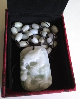 Natural AAA jade necklace Oval beads 22 inch long with 2 inch dragon pendant USA