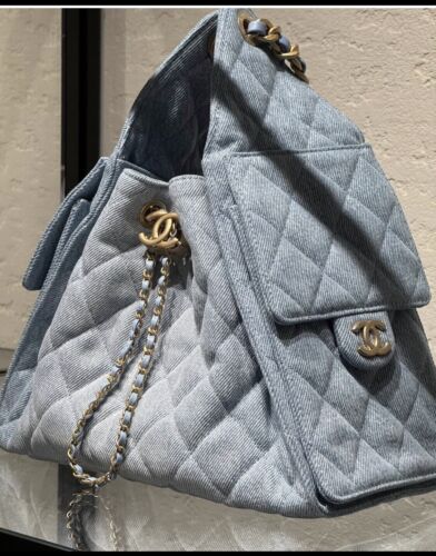 New 25S Chanel Small Light Blue Denim Hobo 25 Bag With Pouch Gold Hardware ๐