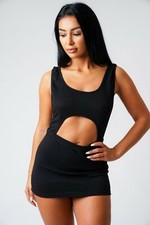 Black Front Cut Dress Ladies Women's Mini Sleeveless Micro Short Eve Party 546