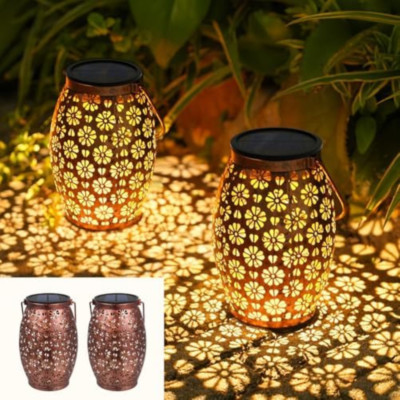 2 Lanterne Solari In Metallo Nero IP65, Con Luce Calda 3000K, Effetto Vintage, Ricarica Solare E Accensione Automatica