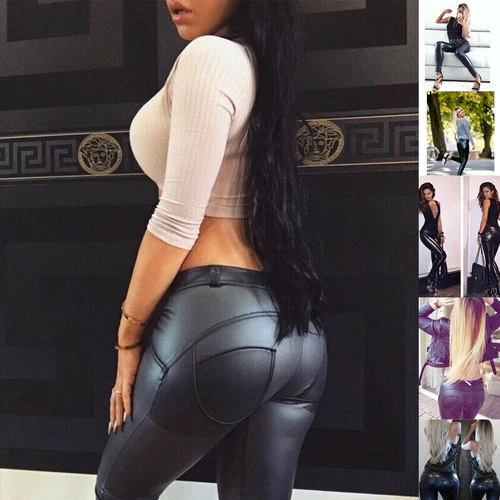 Sexy High Waist Skinny Faux PU Leather Leggings Pants Butt Lift Trousers Ladies - Picture 2 of 31
