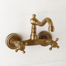 Antique Brass Wall Mounted Swivel Bathroom Sink Faucet Double Cross Handle ZD516