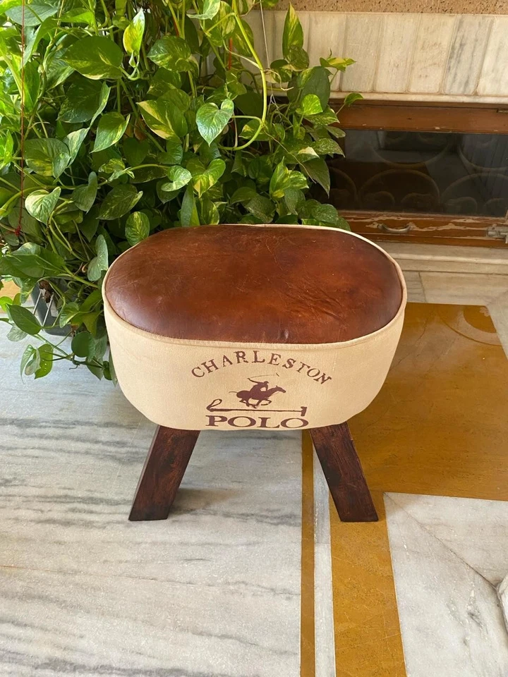 Vintage Leather Ottoman Stool, Dining Kitchen Pub Foot Stool, Modern Bar Stools - Image 4 of 4