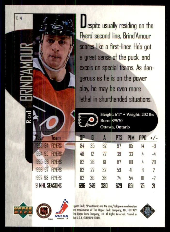 1998-99 SP Authentic Rod Brind'Amour Philadelphia Flyers #64 - Image 2 of 2