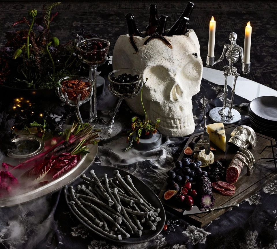 Pottery Barn Halloween Skull Toile Organic Cotton Table Throw, Black, 50''x50'' - Image 3 of 4