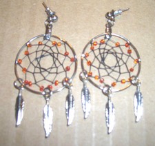 Dream Catcher SilverEarrings-1 3/8"-Silver Feathers-OrangeBeads-Pizazz Creations