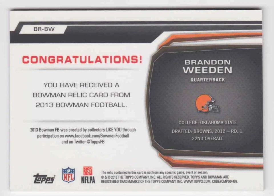 2013 Bowman Relic Jersey #BR-BW Brandon Weeden Cleveland Browns Football Insert - Image 2 of 2