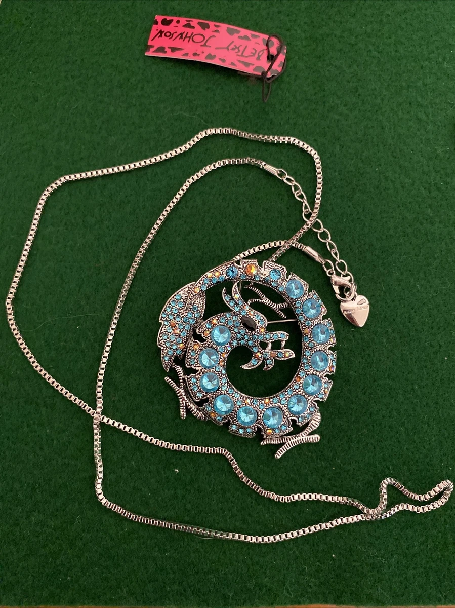 Betsey Johnson Brooch Pin Necklace. Blue Rhinestone Gold Colored Accents