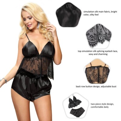 Pyjama Set Dessous Spitze Shorts Seide Transparent Offen Damen Unterwäsche M-XL