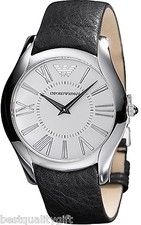 EMPORIO ARMANI BLACK LEATHER+SILVER TONE+WHITE ROMAN #'s SLIM DIAL WATCH AR2020