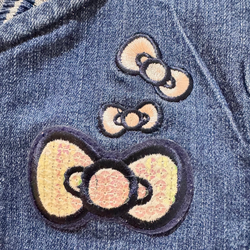 De Colección Niños Niñas Hello Kitty 5T Denim Chaqueta Bomber Azul Lentejuelas Lazo Cremallera Dije Foto 3 de 4
