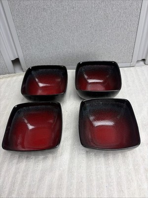 Set 4- 222 Fifth RAVI Square Soup Cereal Pasta Bowl Black Red Stoneware Goth