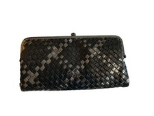 NWT HOBO Lauren Double Frame Clutch Wallet RP 198. Black Metallic Woven Leather