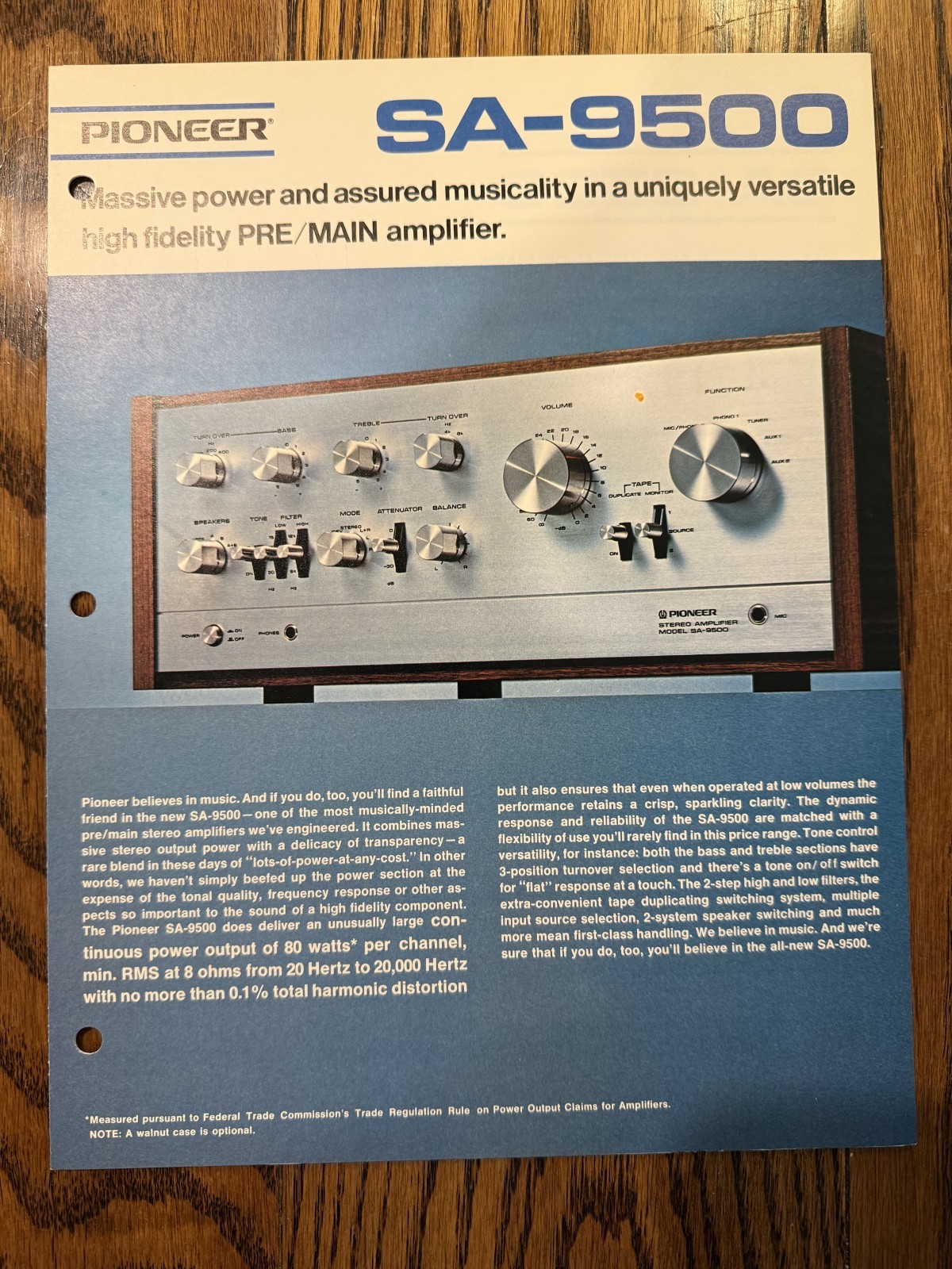 Vintage Original Pioneer SA-9500 Stereo Amplifier Dealer Sales Brochure