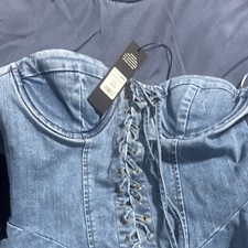 Denim Lace Up Boned Strapless Corset Top Blue Solid Opaque Bustier for Women