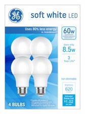 4 Pack - LED Light Bulbs,Soft White,A19 Shape,Medium Base,8.5 Watts,4-Pk. - 9313