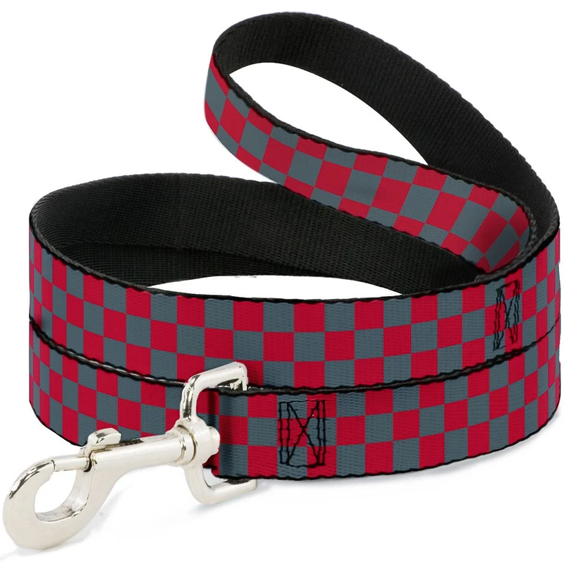 Crimson Red Gray Checker Dog Leash 0.5 Inch