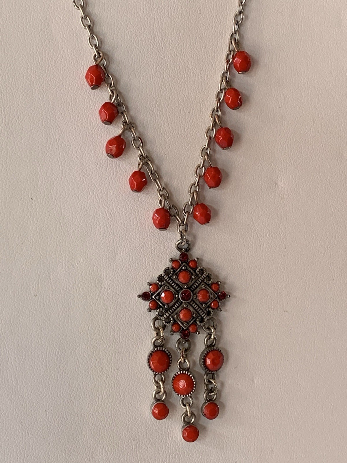 Delicate Designed Silvertone Red Beaded Pendant N… - image 13