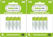 Battery Life AAA Rechargeable Batteries (8 Pack) 750Mah Ni-Mh 1.2V Household UK  19.99 per battery