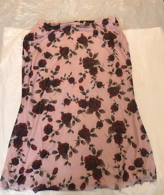 Cider Floral Rose Print Mesh Maxi Skirt Pink Black Women's Size 2XL NWT