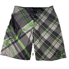 Y2K O'Neill Men's Swim Board Shorts Size 34 Green Grey Check Plaid Logo Surf EUC
