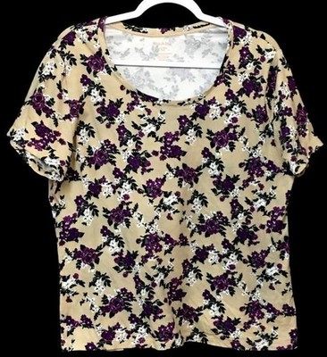 White Stag XXL top beige purple floral print scoop neck stretch short sleeve