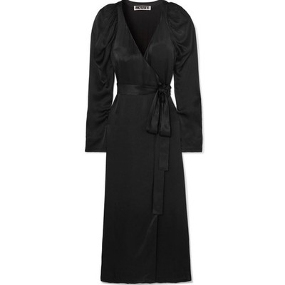 ROTATE Birger Christensen Black Satin Puff Sleeve True Wrap Maxi Dress 38 M 