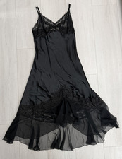 Vintage Victoria  s Secret Satin Sequin Maxi Gown Slip Dress Sz M Black Chiffon