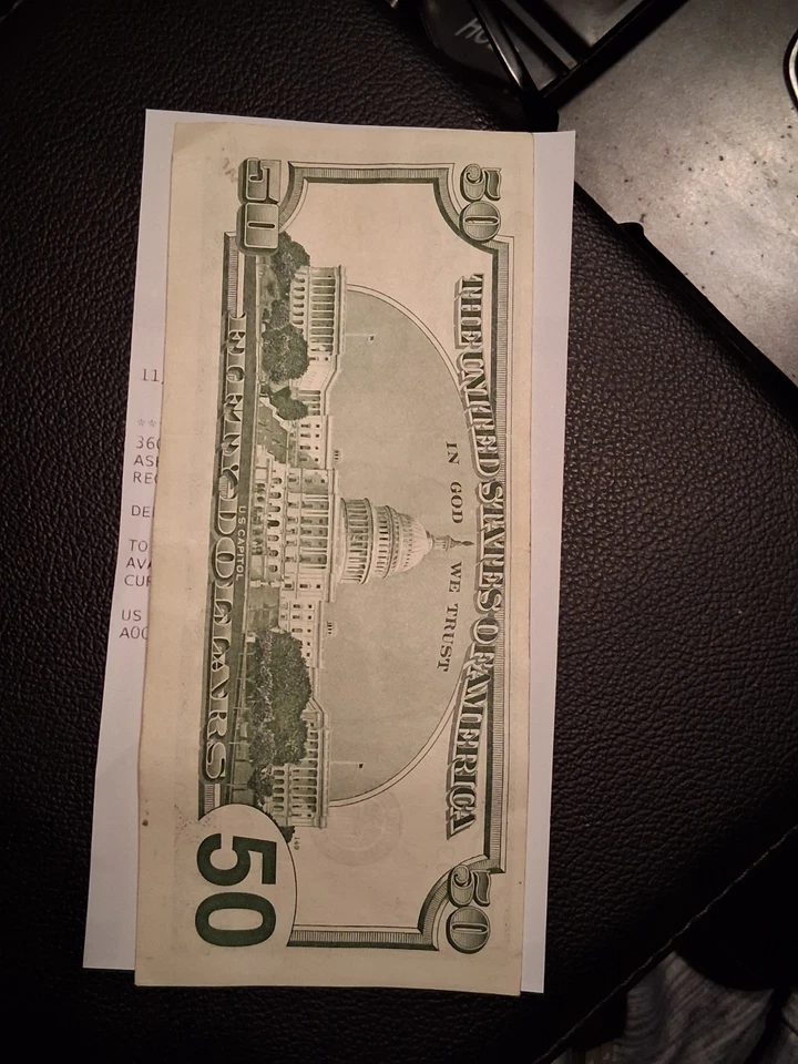 Billete de 50 dólares 1996 raro de la Reserva Federal error mal cortado desalineado Foto 2 de 2