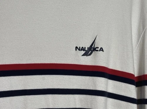 Nautica Men's Striped Crew Neck Pullover Sweatshirt White Navy Red L image 3