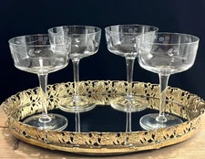 Vintage Champagne Coupe Etched Sherbet Cocktail Glasses Martini Set 4 MCM