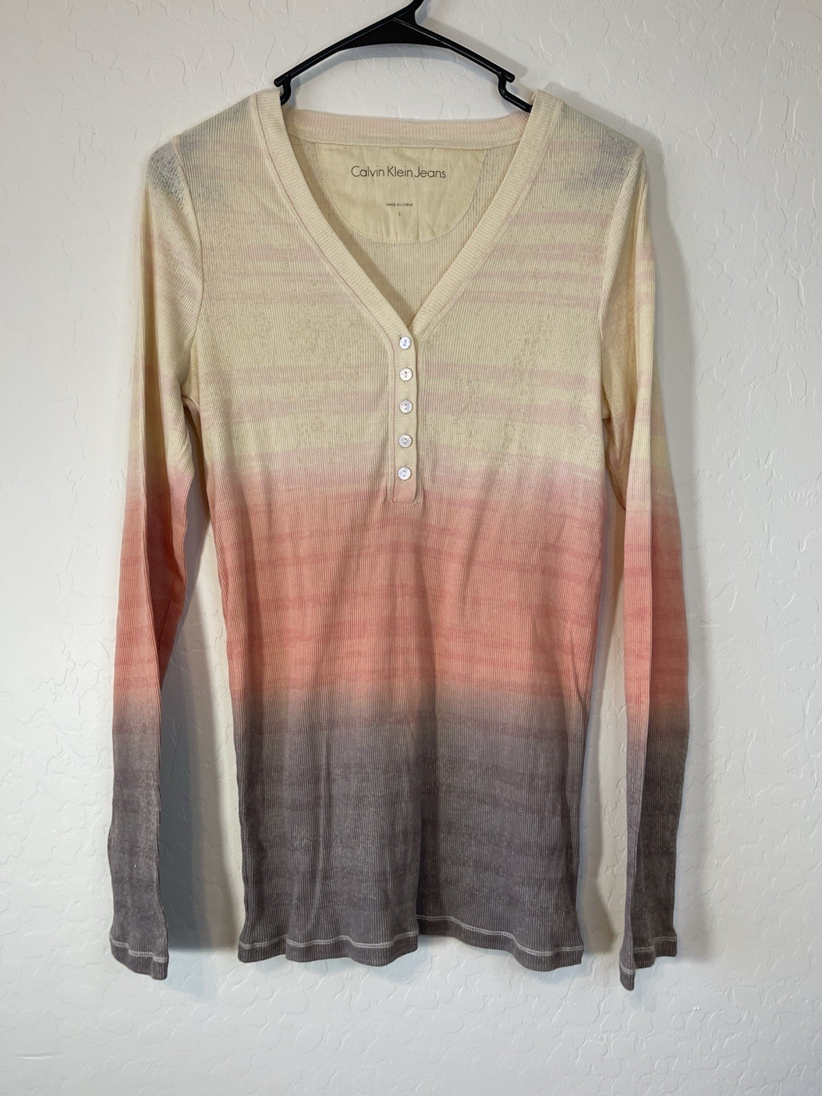 Ombre Henley Long Sleeve Top - Cream, Pink, Brown
