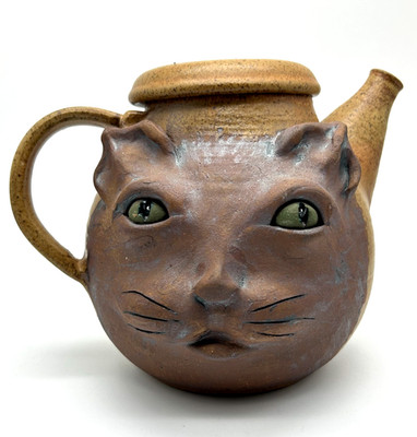 Frederick Slopey Studio Pottery Teapot w/ 3-D Cat Face ~ Signed ~ 6'' Tall
