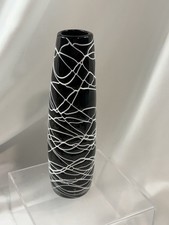 Black Hand Blown Art Glass Vase 8.25  Tall Black Glass With White Glass Swirls