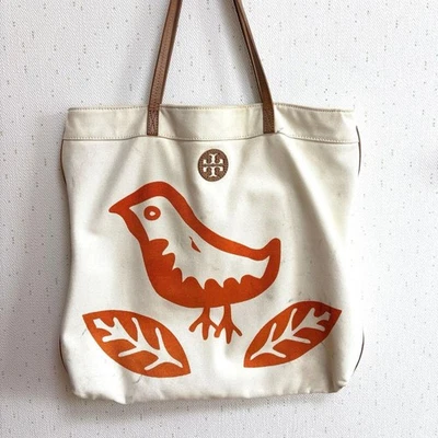 TORY BURCH Cabas Toile Logo Oiseau Feuille Pour Femme Authentique - Photo 1/4