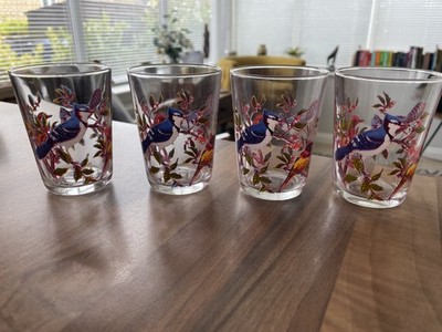 4er Set Vintage Eichelhäher Vogel Gläser kleine Becher Arcoroc France blau rot 