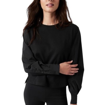 Athleta Womens Mixed Media Harlow Long Sleeve Pullover Top Black XL Crew Neck