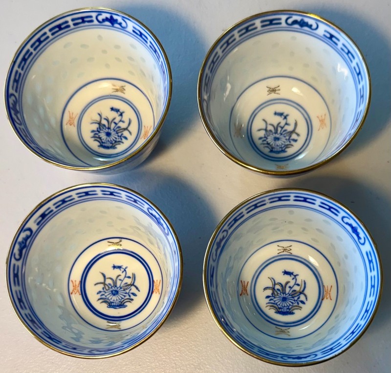 4 Antique Chinese Rice Eye Tea Cups;Blu,Wht,Gld,Orng;Translucnt;3” Diam./2.25" H