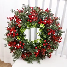 15.75-Inch Christmas Wreath with Red Berries, Artificial Eucalyptus Leaf Garland