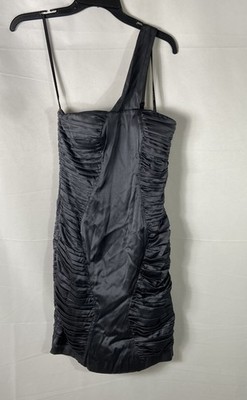 Bebe Women's Grey One Shoulder Shirred Silk Blend Mini Dress Size M NWT