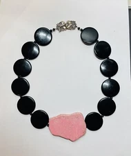 Vintage disc necklace, genuine, gemstone, necklace, black, and pink necklace