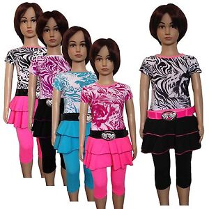 New Girls Tunic Dress Top Leggings 2 Piece Set Summer Outfit Blue Pink 2-5ys #76