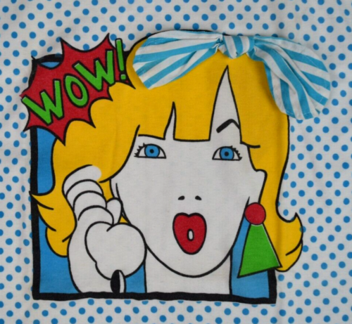 T-shirt vintage lata 70. 80. damski niebieski w kropki pop art damski z kokardą we włosach koszulka S/M - Zdjęcie 1 z 5