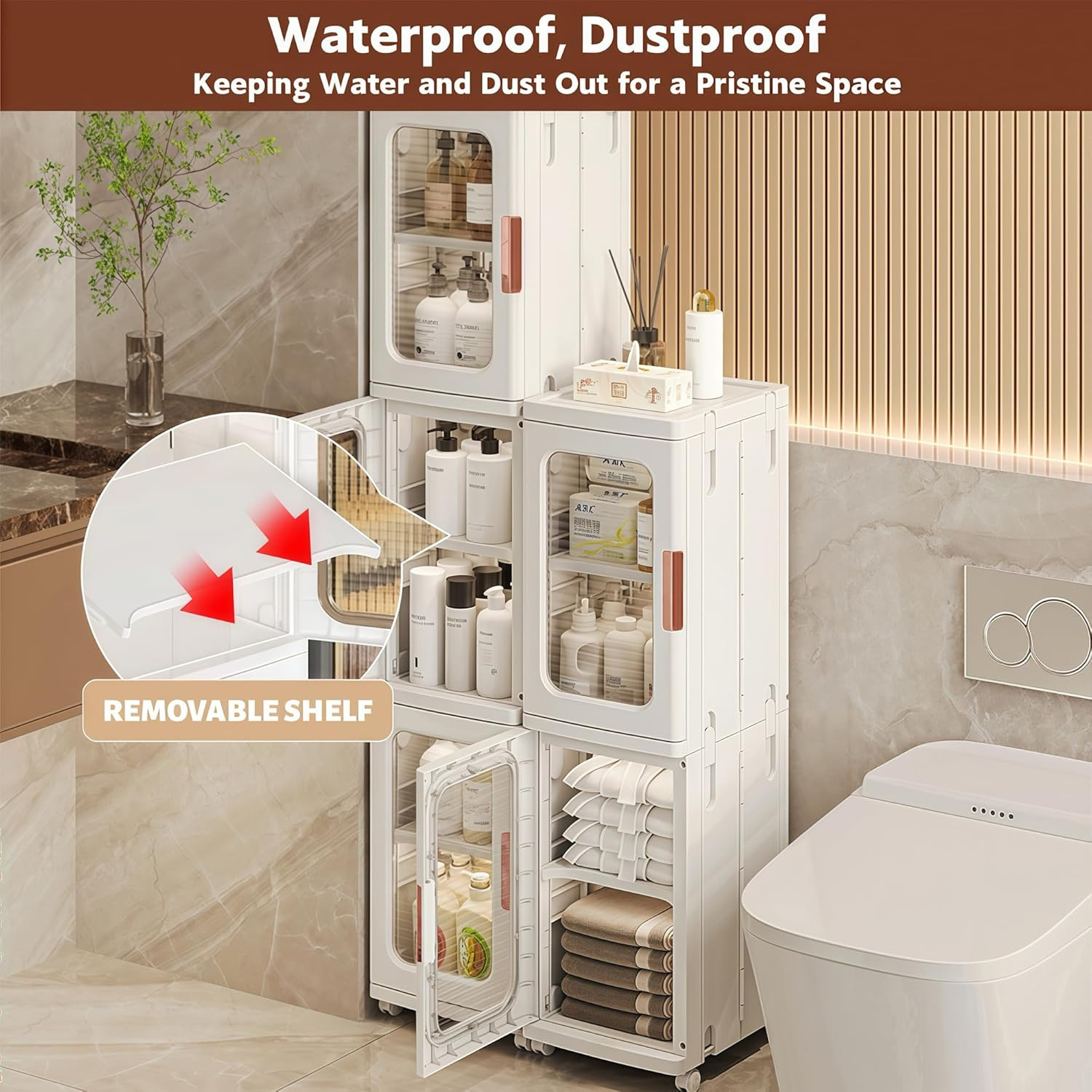Tall Narrow Bathroom Storage Cabinet with Transparent Doors and Movable Wheels, 