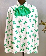 1980s Green Bow INVESTMENTS Retro Office White Green Button Up Blouse Size 16
