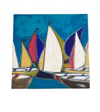 #7008 Acrylic on Canvas Titled Los Barcos Signed Yjr 14" H