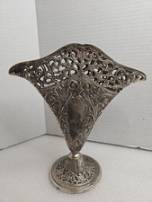Silverplate Pierced Ornate Flat Fan Vase Lacquered Made In INDIA "VINTAGE"